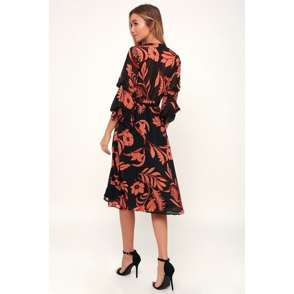 Lulus Highlight of my Life Orange and Black Floral Print Wrap Dress Size Small - Picture 2 of 14
